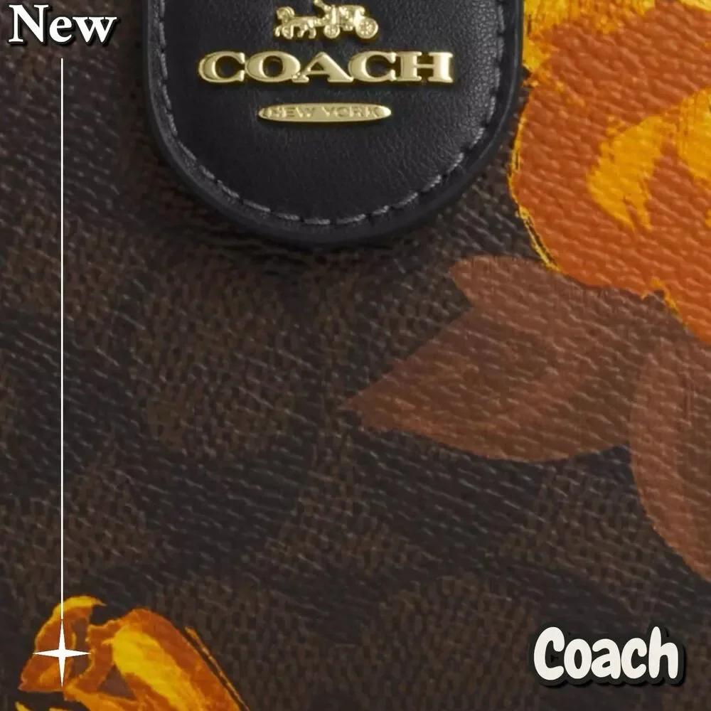 🔴New NWT Coach Medium Corner Zip Wallet Signature Canvas with Floral Print Gold - Picture 3 of 7